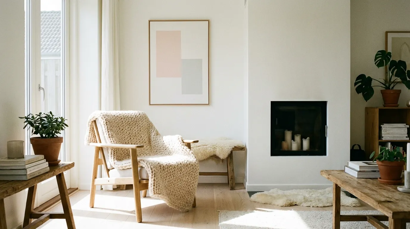 Décoration scandinave : salon cosy avec canapé, plaid et plantes