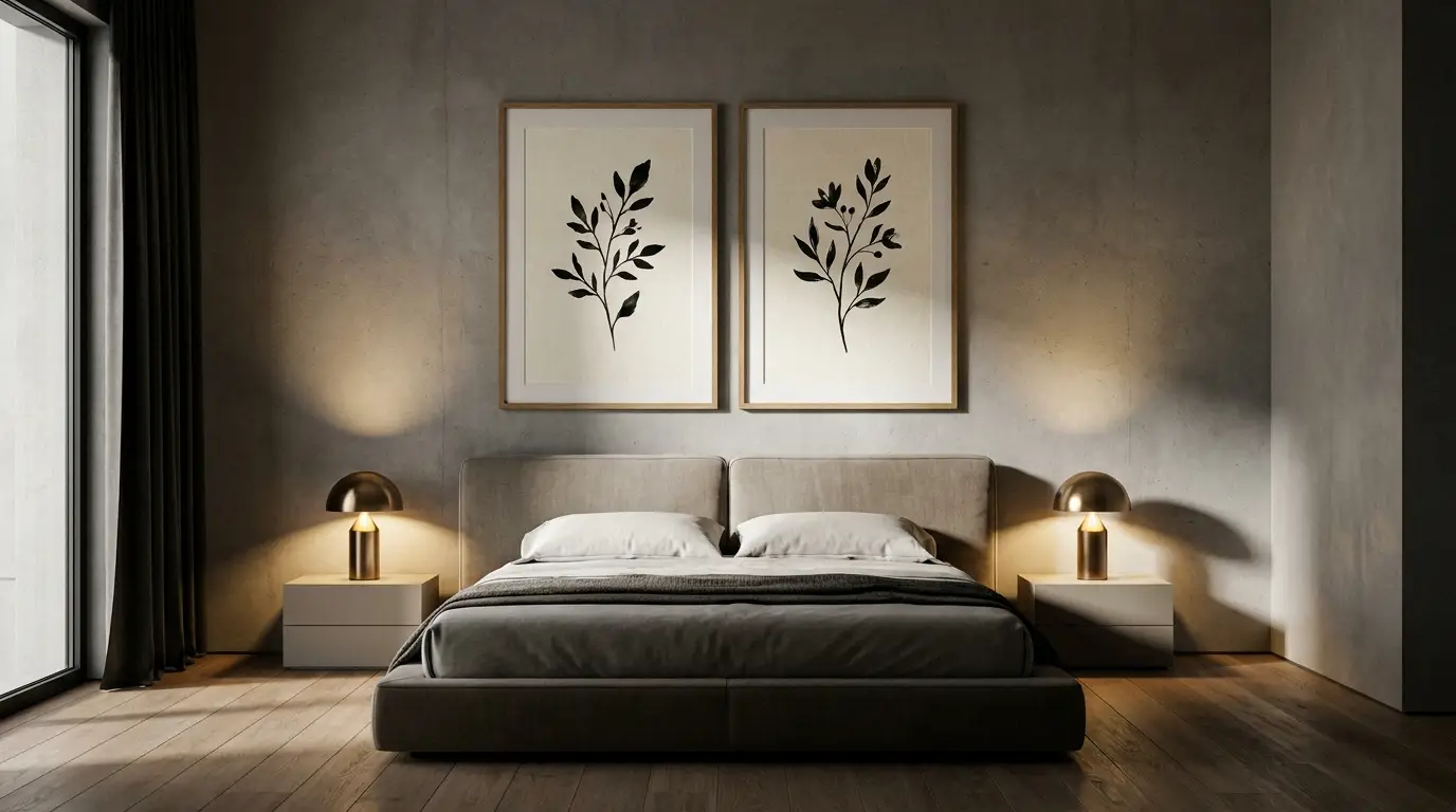 Déco chambre : 5 règles pour choisir le tableau parfait au-dessus du lit diptyque symétrique élégant au-dessus tête de lit chambre adulte affiche tête de lit déco murale chambre apaisante dimension tableau lit
