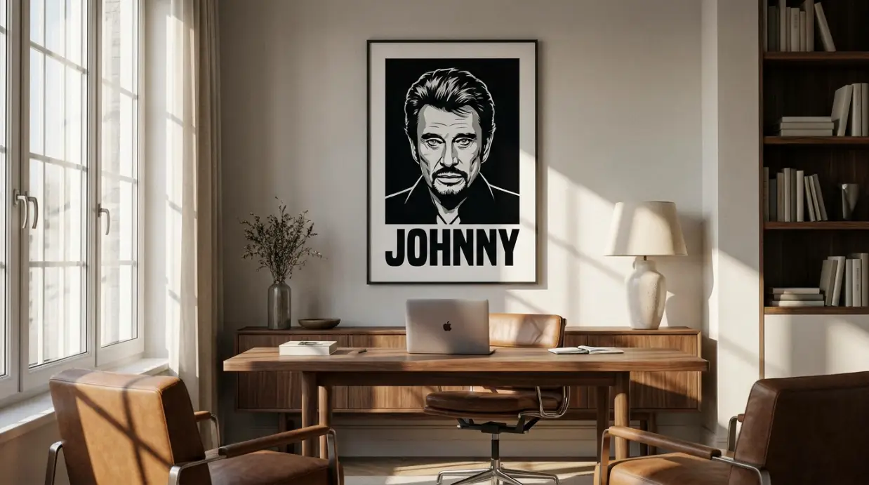Comment intégrer un portrait de star dans sa décoration avec élégance ? bureau premium contemporain affiche portrait icône inspirante au mur décoration tableau star espace travail créatif