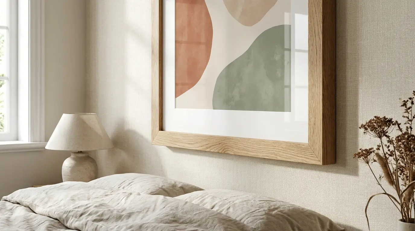 Déco chambre : 5 règles pour choisir le tableau parfait au-dessus du lit affiche aux couleurs douces pastel cadre bois naturel chambre adulte déco murale chambre apaisante tableau tête de lit couleurs froides