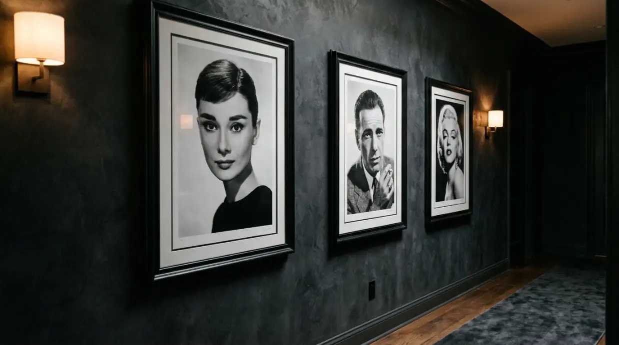 Comment intégrer un portrait de star dans sa décoration avec élégance ? couloir sombre sophistiqué trois portraits noir et blanc icônes célébrités encadrés art mural élégant walk of fame