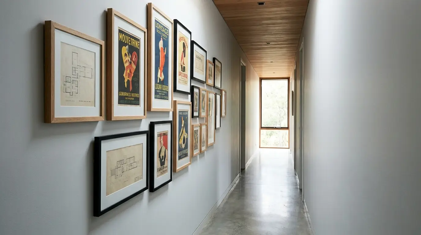 Comment décorer un couloir long et étroit avec des cadres ? couloir long étroit élégant galerie de cadres alignés déco couloir cadres habiller mur couloir disposition affiches