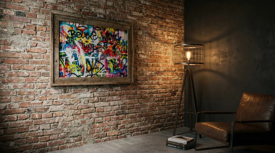 Comment intégrer le style Street Art dans un salon moderne ? tableau street art encadré caisse américaine noire sur mur de pierre brute intérieur contemporain
