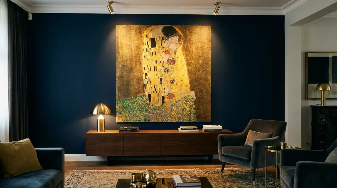 Pourquoi les tableaux de Gustave Klimt sont le secret d'une déco luxueuse et chaleureuse ? salon majestueux avec grande reproduction Le Baiser Gustave Klimt décoration luxueuse dorure art nouveau contemporain