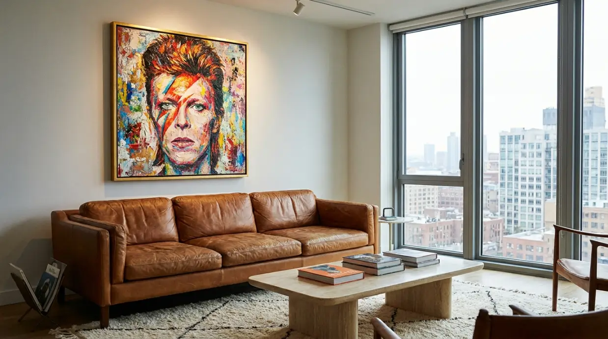 Comment intégrer un portrait de star dans sa décoration avec élégance ? salon chic contemporain avec grand tableau pop art icône musicale texturé point focal décoration murale portrait star