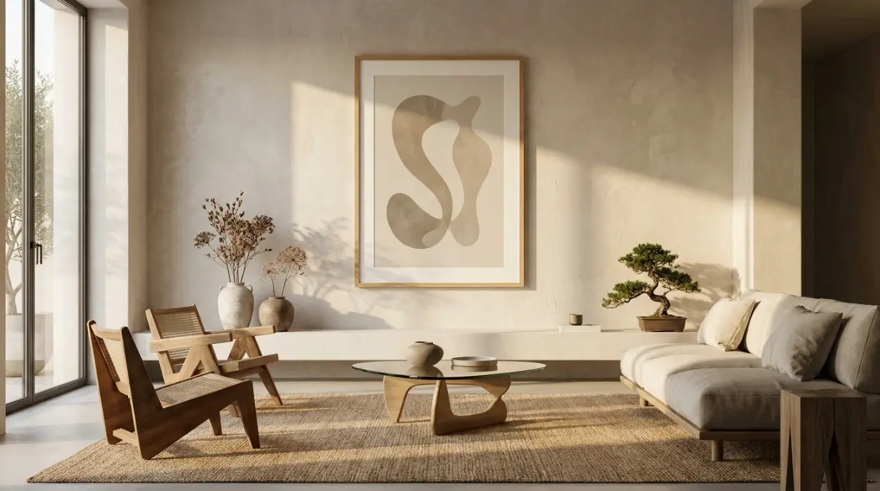 Japandi et Wabi-Sabi : Comment choisir vos affiches pour une ambiance zen ? salon japandi minimaliste avec grande affiche abstraite zen tons neutres bois clair lumière naturelle