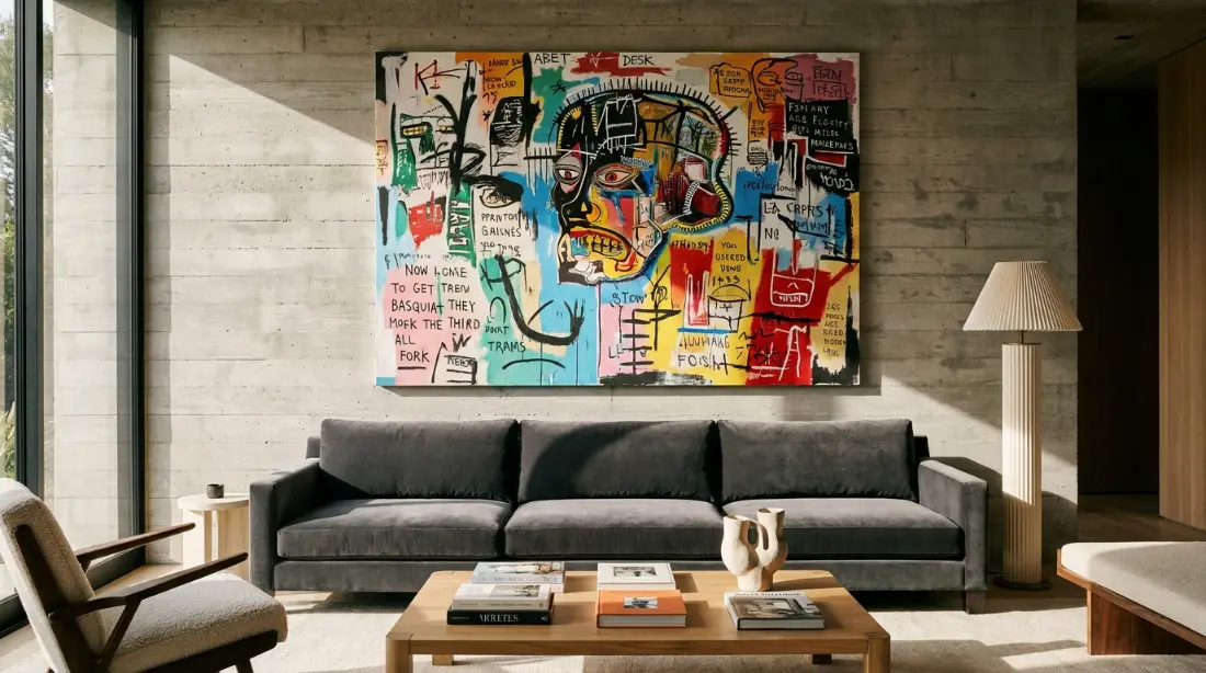 Comment intégrer le style Street Art dans un salon moderne ? salon minimaliste avec tableau street art grand format sur mur blanc décoration urbaine contemporaine