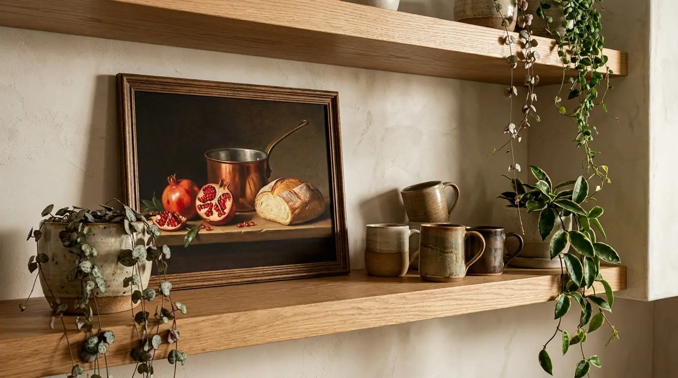 Quelle déco murale choisir pour une cuisine ? tableau posé sur étagère bois cuisine en chêne naturel déco murale coin repas élégant affiche posée négligemment