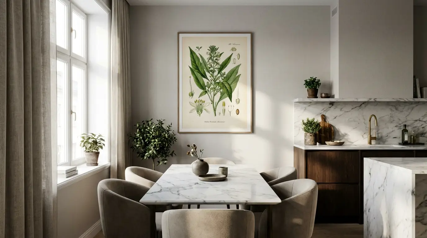 Quelle déco murale choisir pour une cuisine ? cuisine moderne salle à manger affiche déco murale au-dessus table repas cadre élégant décoration coin repas contemporain