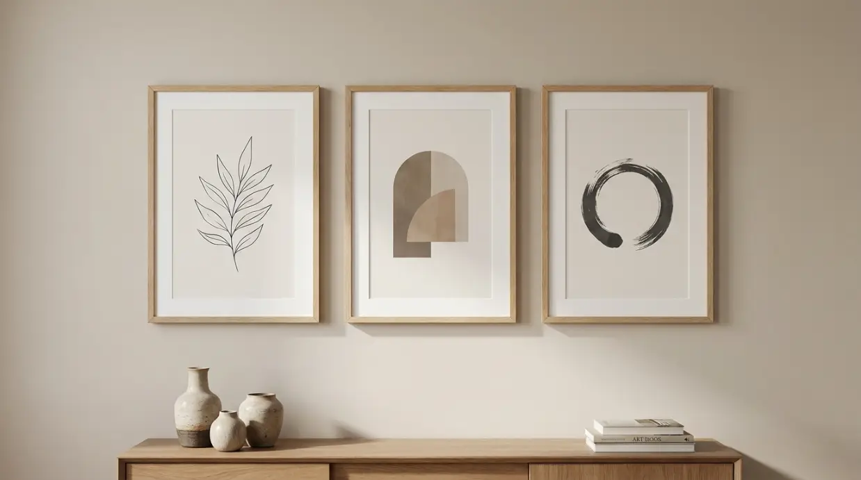 Japandi et Wabi-Sabi : Comment choisir vos affiches pour une ambiance zen ? triptyque affiches japonaises minimalistes cadres bois clair mur blanc composition équilibrée déco zen japandi