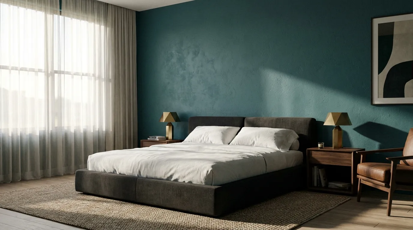Transformative Teal : Comment adopter la couleur star dans votre chambre à coucher ? chambre à coucher chic peinte bleu vert transformative teal color drenching décoration intérieure tendance peinture bleu canard foncé cocon