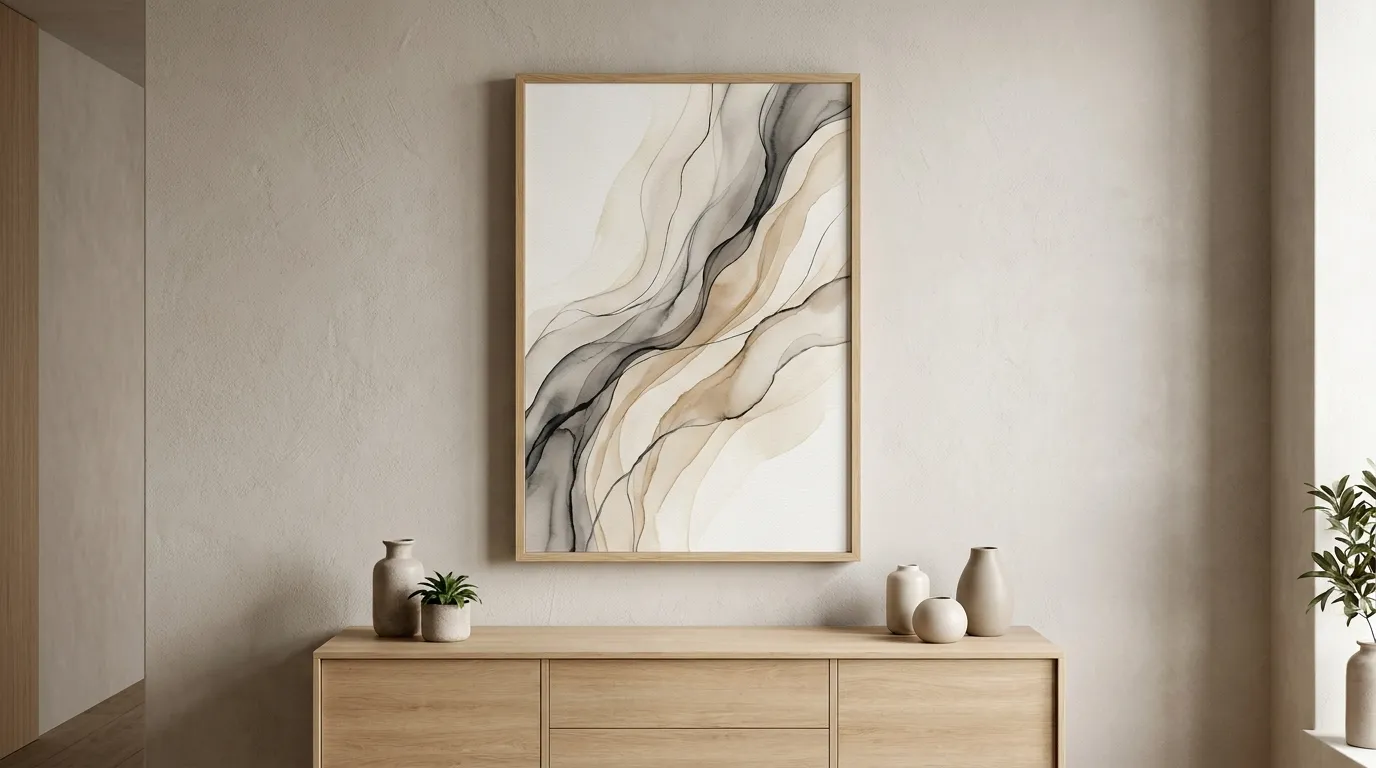 Canapés ronds et fauteuils enveloppants : Notre sélection pour succomber au minimalisme organique grand tableau art mural organique lignes fluides abstraites au-dessus enfilade bois salon minimalisme organique décoration contemporaine