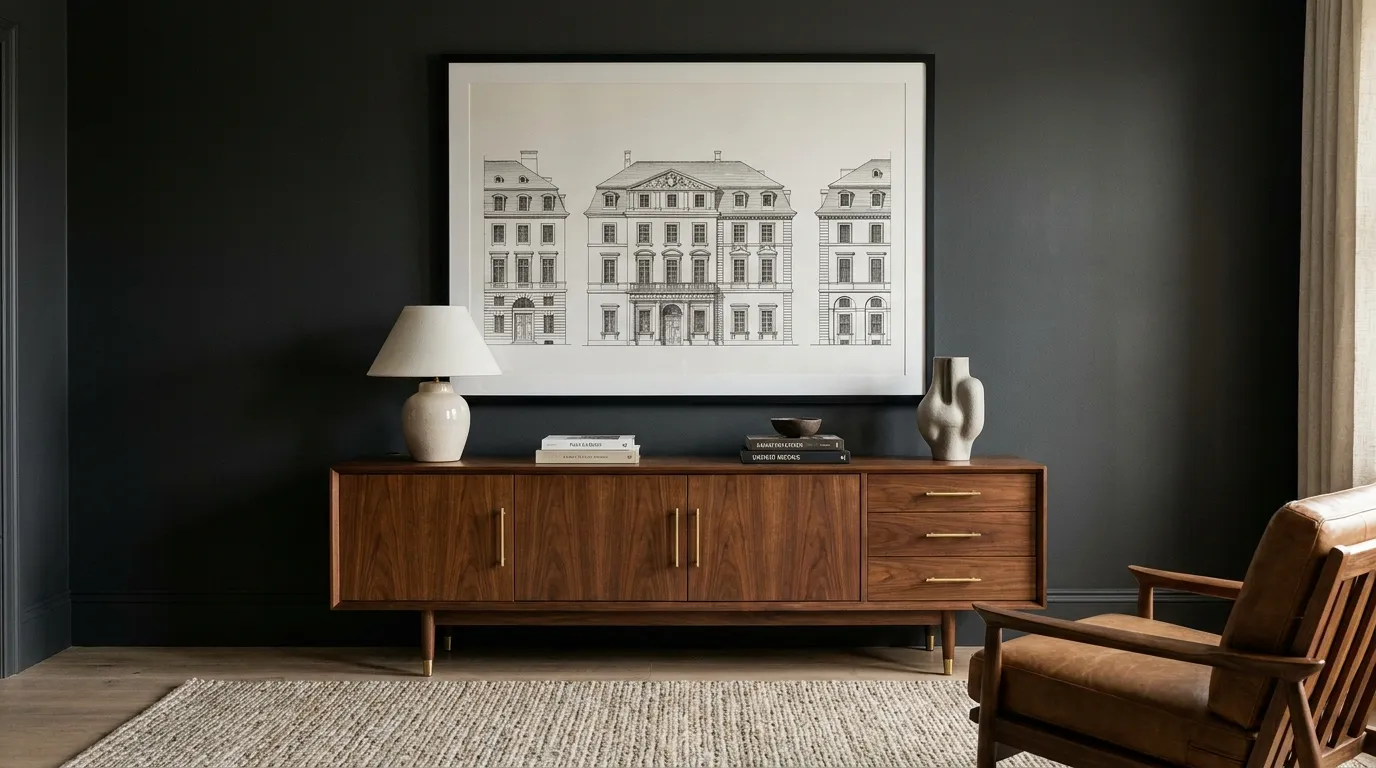 Le style "Rétro Glam" : 6 pièces indispensables pour un intérieur digne d’un grand hôtel grand tableau art mural premium au-dessus meuble bois foncé noyer salon rétro glam déco chic feutré style grand hôtel cadre noir mat