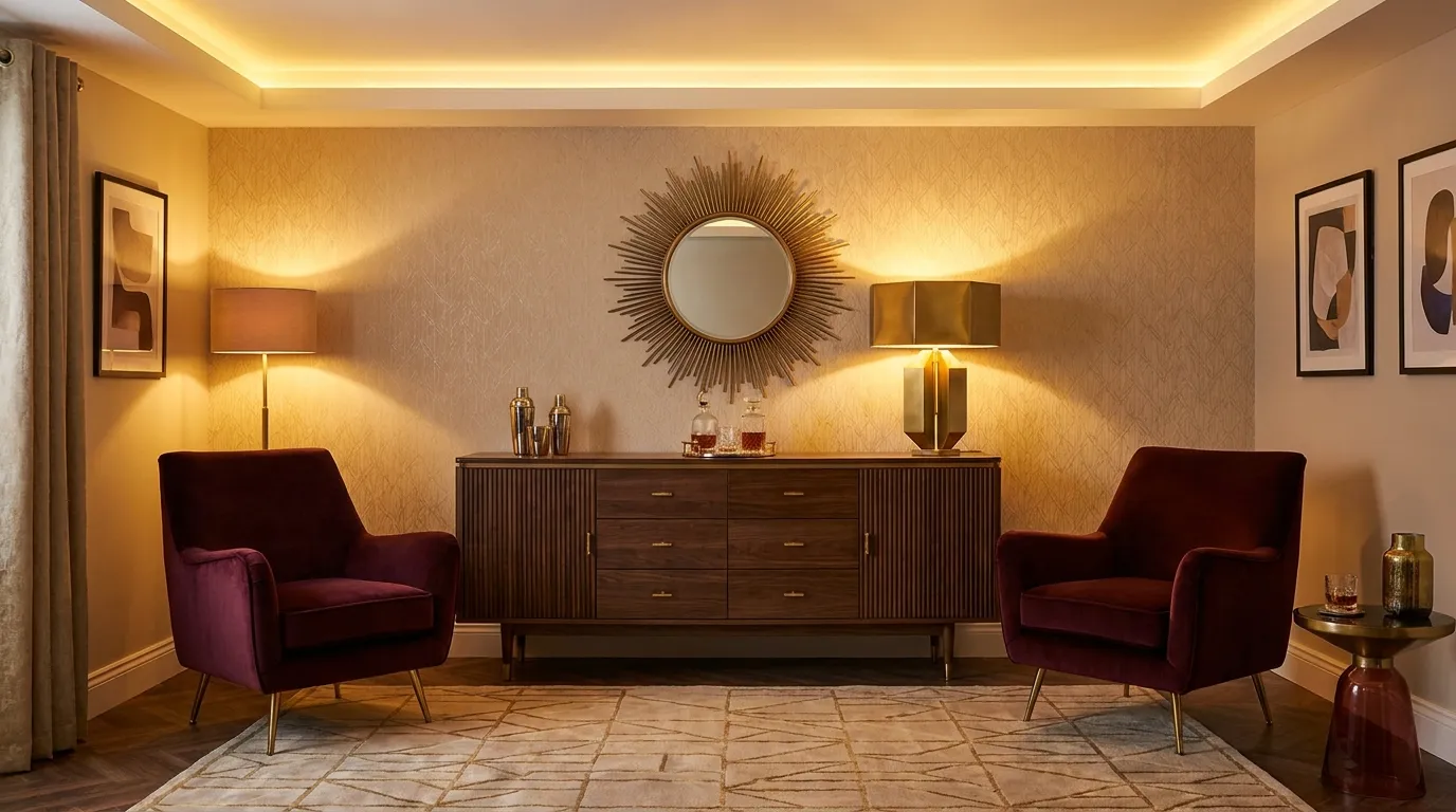 Le style "Rétro Glam" : 6 pièces indispensables pour un intérieur digne d’un grand hôtel intérieur chic salon buffet noyer rainuré touches rétro glam bois foncé laiton brossé déco salon chic feutré style grand hôtel boutique
