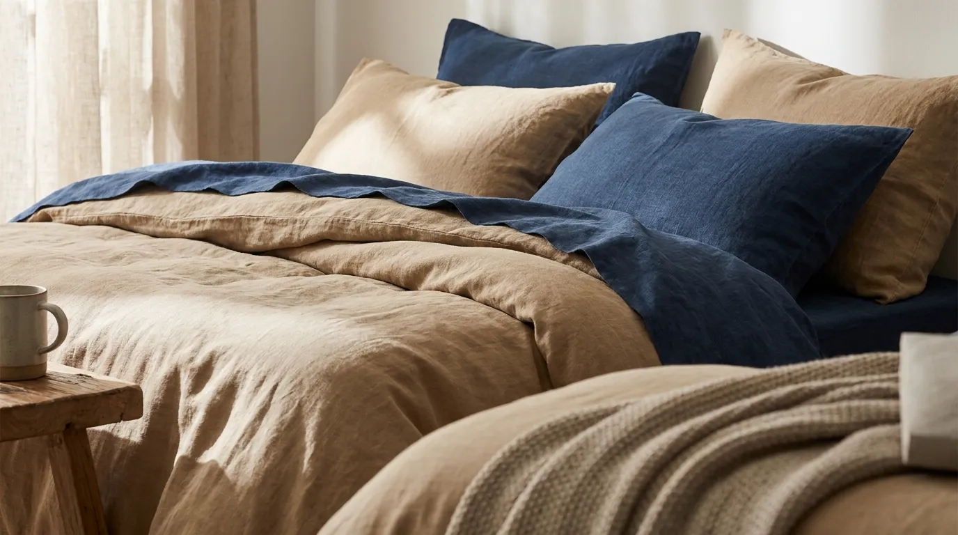 Transformative Teal : Comment adopter la couleur star dans votre chambre à coucher ? lit linge en lin lavé beige crème et bleu profond chambre transformative teal association textiles matières naturelles parure de lit tendance