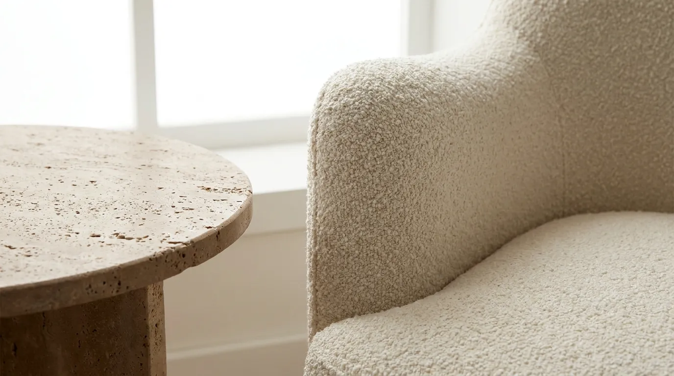 Canapés ronds et fauteuils enveloppants : Notre sélection pour succomber au minimalisme organique plan serré texture fauteuil bouclé blanc table travertin mat minimalisme organique détail matières naturelles décoration salon cosy