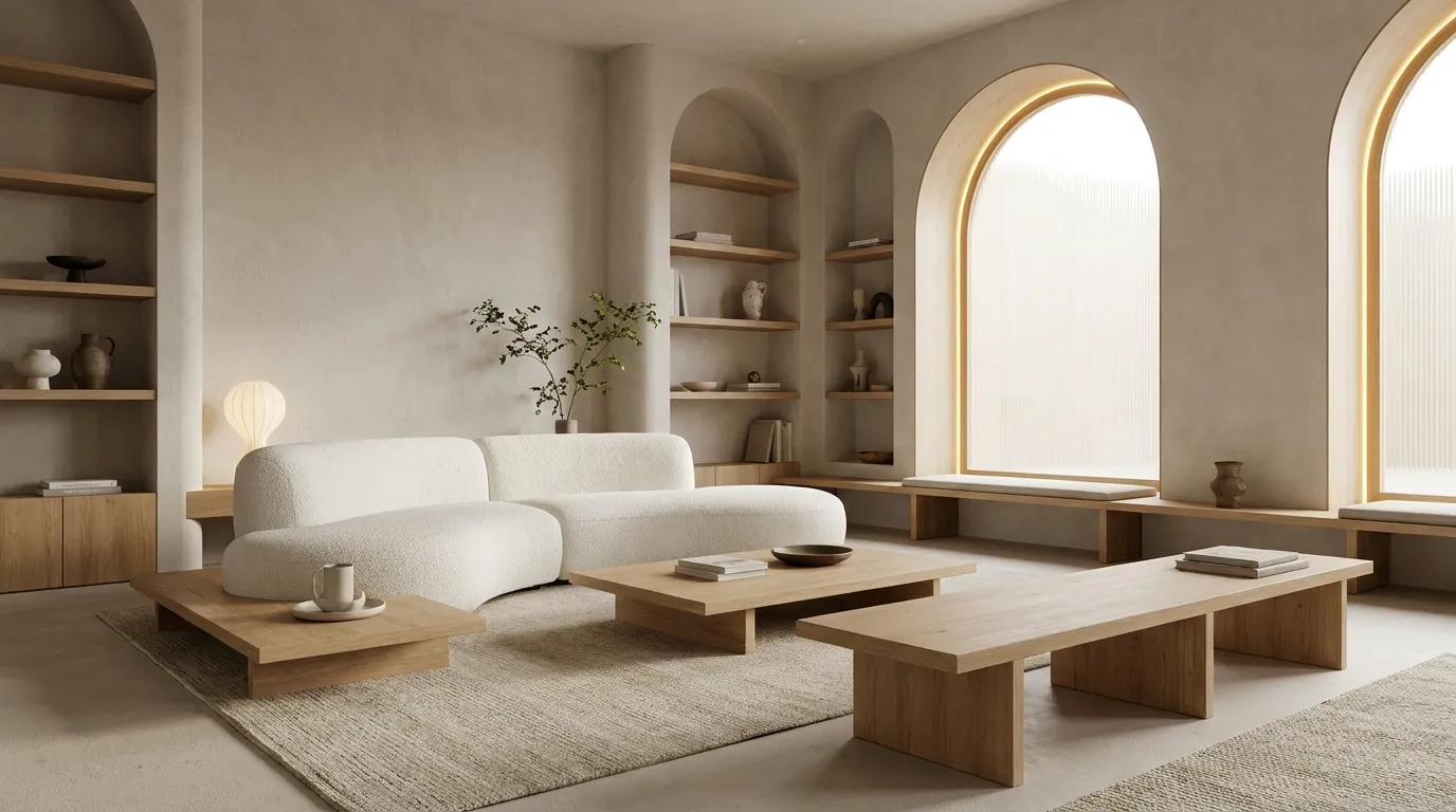 Canapés ronds et fauteuils enveloppants : Notre sélection pour succomber au minimalisme organique salon minimaliste organique canapé courbe laine bouclée formes rondes mobilier organique fauteuil cocooning design contemporain