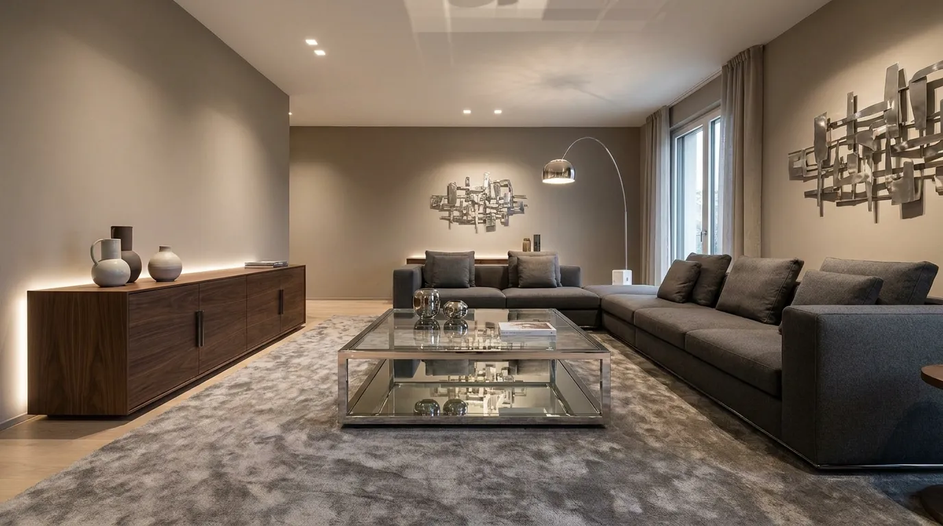 Tendance Chrome : Comment adopter la touche métal rétro-chic sans faire d’erreur ? salon moderne table basse chrome et verre tendance métal rétro chic déco années 70 style space age luminaire chromé