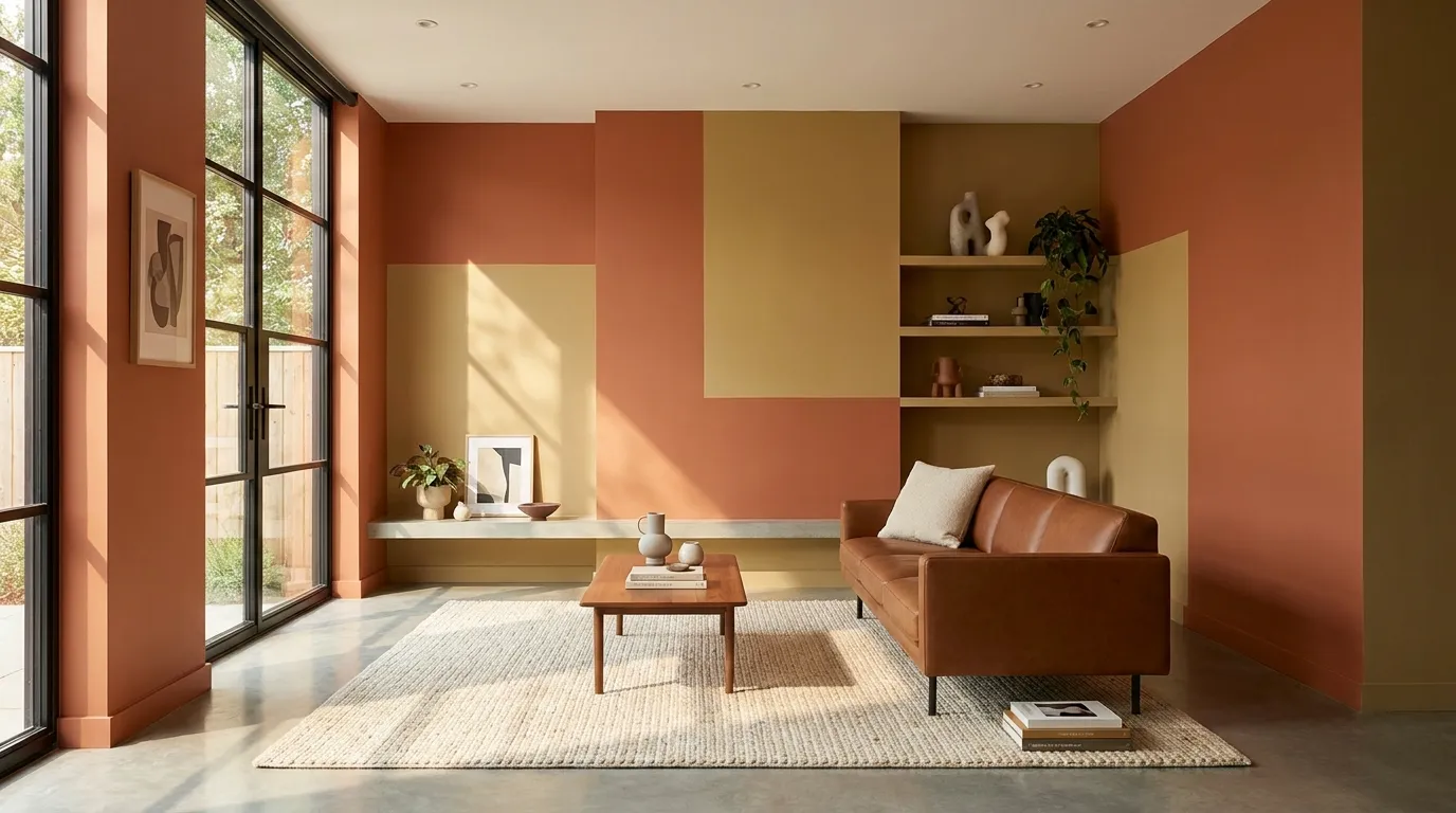 salon moderne terracotta et ocre couleurs chaudes tendance décoration murale tableau abstrait canapé brun chocolat ambiance chaleureuse