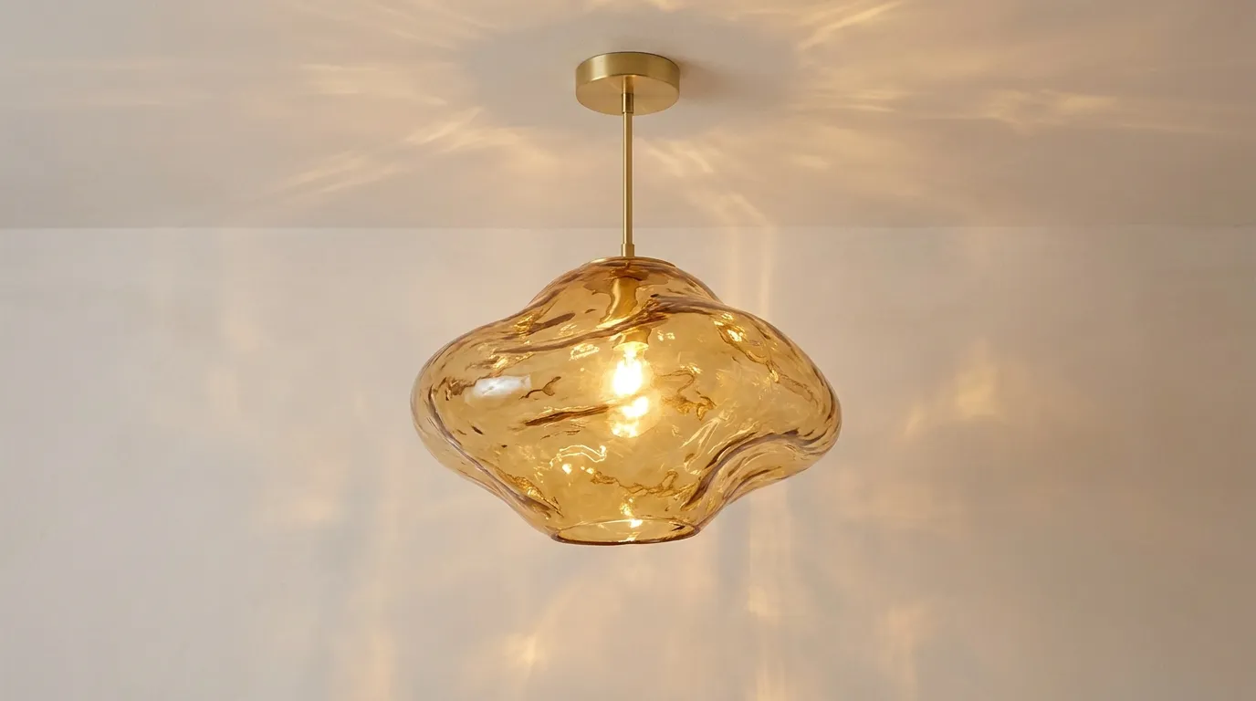 Le style "Rétro Glam" : 6 pièces indispensables pour un intérieur digne d’un grand hôtel suspension verre sculptural allumée lumière chaude tamisée ambiance feutrée rétro glam déco salon chic luminaire verre nervuré design