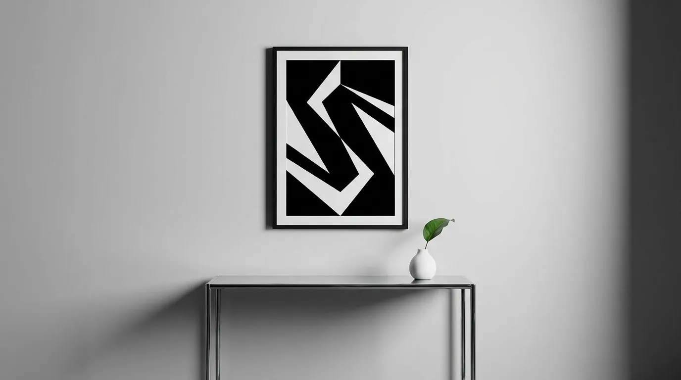 Tendance Chrome : Comment adopter la touche métal rétro-chic sans faire d’erreur ? tableau graphique noir et blanc au-dessus console en chrome déco rétro moderne art mural contrasté salon contemporain style années 70