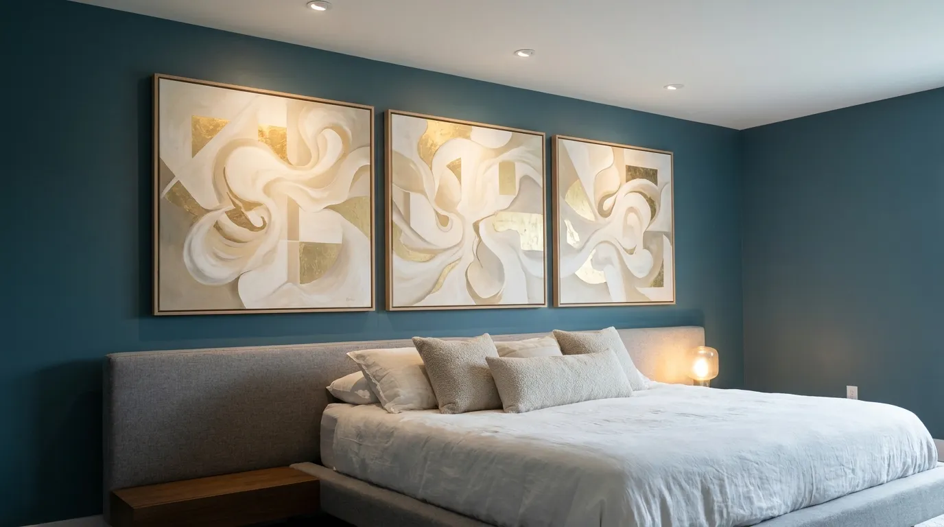 Transformative Teal : Comment adopter la couleur star dans votre chambre à coucher ? triptyque tableaux lumineux fond crème beige sur mur bleu vert foncé transformative teal chambre décoration art mural contraste élégant