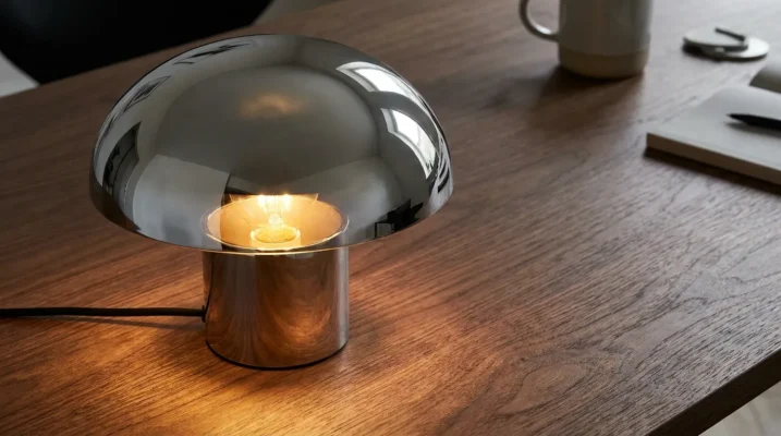 Zoom sur une lampe champignon chromée posée sur un meuble en noyer