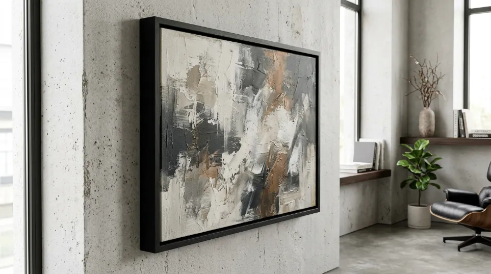 Guide ultime du cadre flottant (caisse américaine) tableau encadré caisse américaine accroché au mur effet de flottaison rendu final cadre flottant œuvre contemporaine