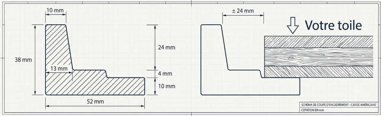 Guide ultime du cadre flottant (caisse américaine) schéma technique coupe transversale caisse américaine profilé en L nez du cadre feuillure fond espace de flottaison 15mm châssis toile
