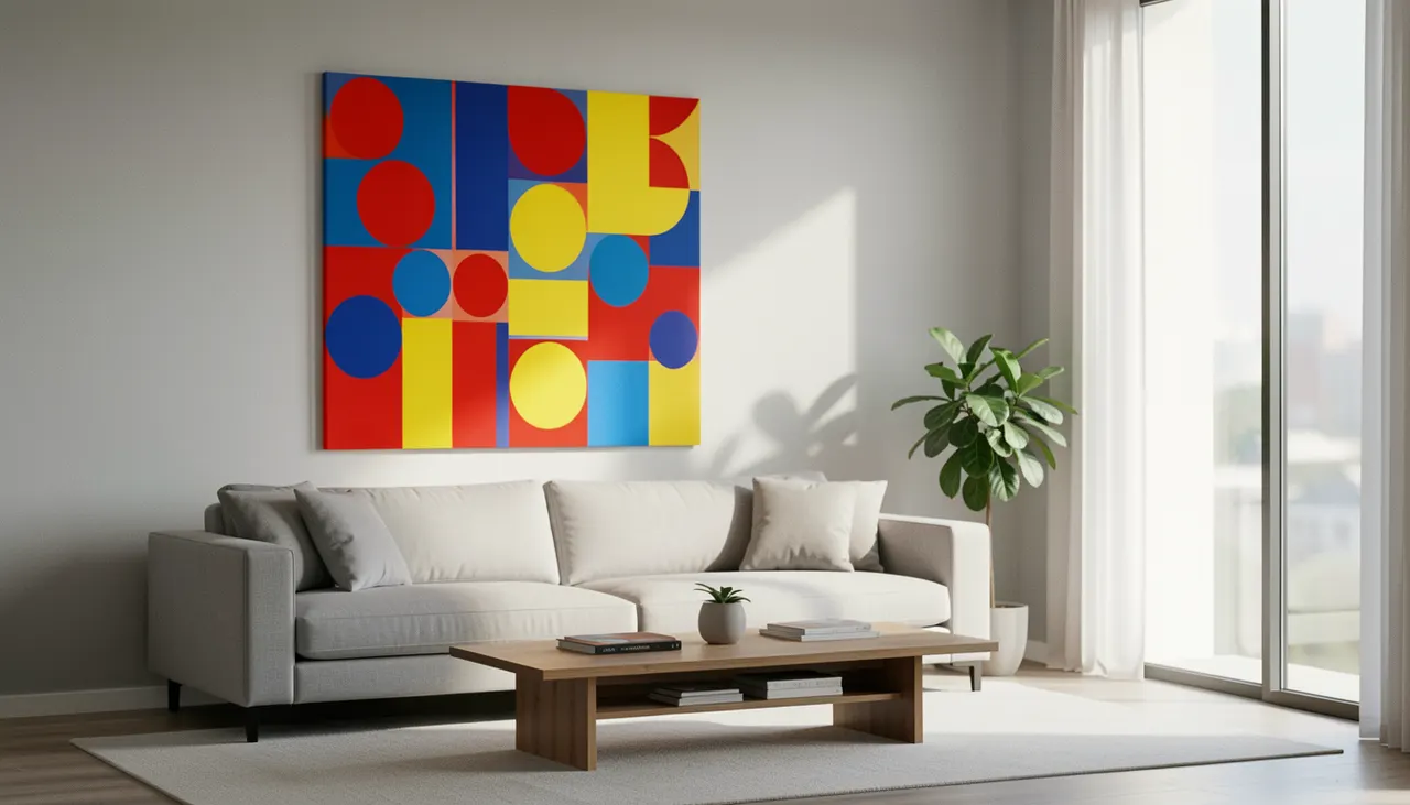 Intérieur contemporain avec tableau abstrait aux couleurs vives signé Sonia Delaunay