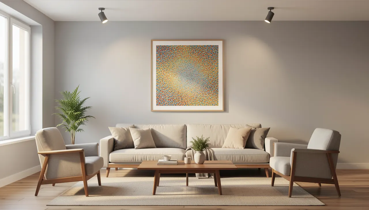 Tableau pointilliste accroché dans un salon avec éclairage adapté