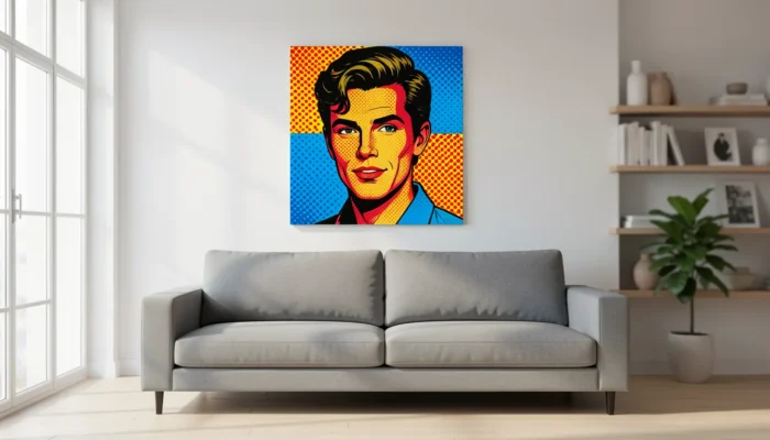 Intérieur contemporain avec grand tableau Pop Art coloré style Warhol au-dessus d'un canapé design
