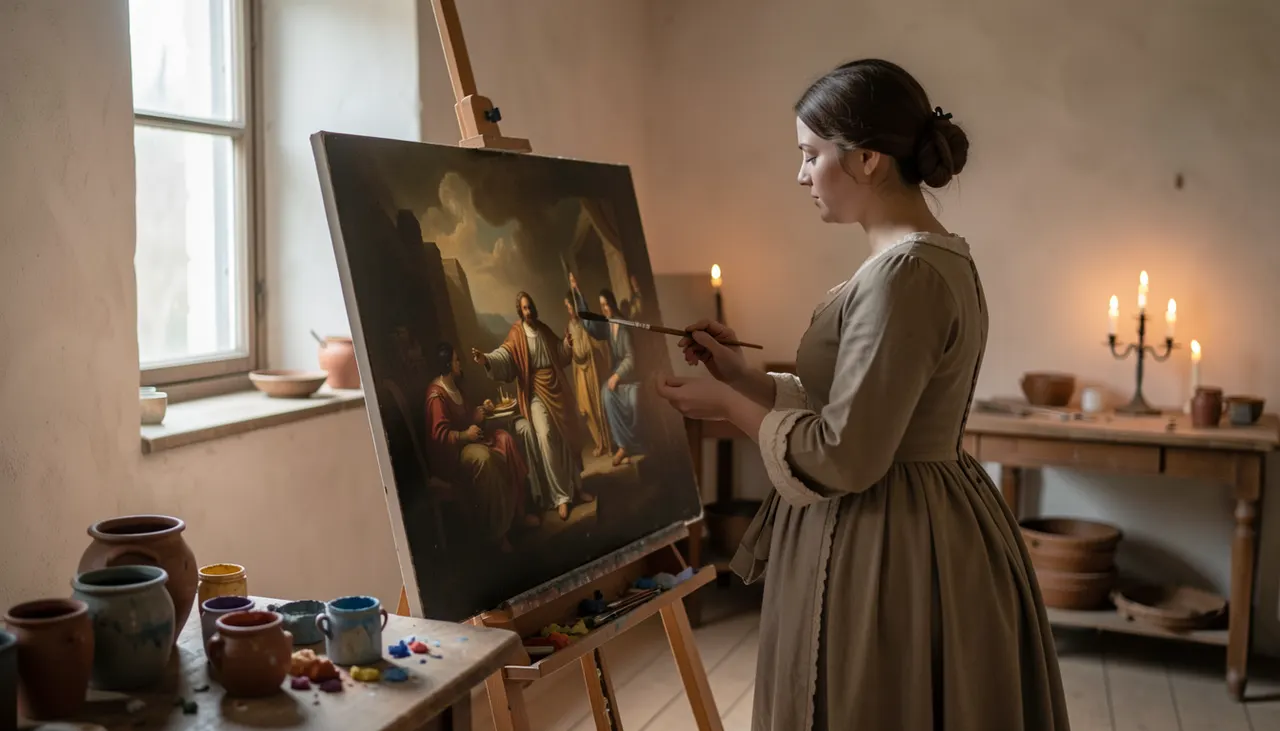 Portrait d'Artemisia Gentileschi dans son atelier, lumière latérale douce