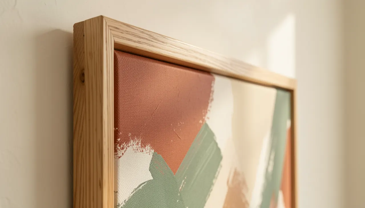 Détail d'un cadre bois clair sur toile abstraite
