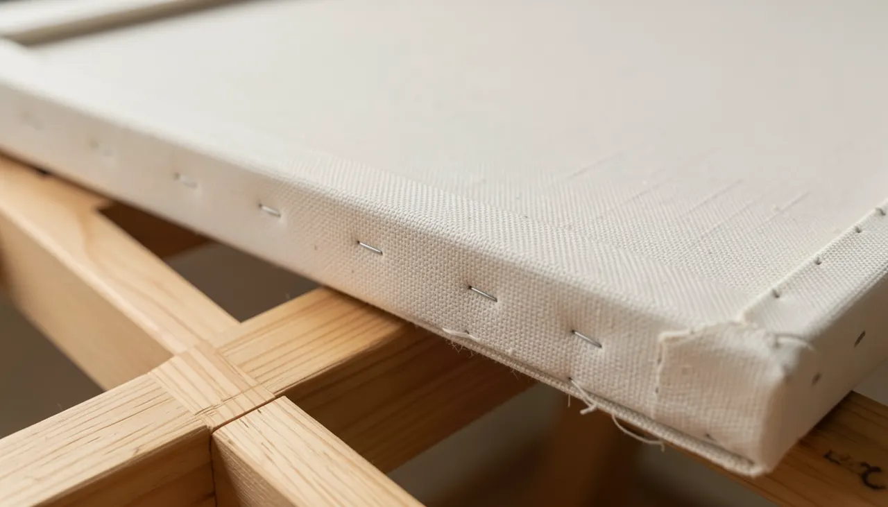 Détail châssis toile tendue Détail d'une reproduction sur toile montrant la texture du châssis et de la toile tendue