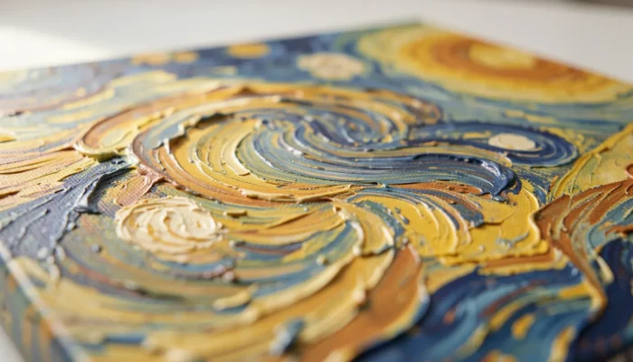 Détail rapproché d'une reproduction sur toile d'un tableau de Van Gogh montrant l'impasto et la texture de la peinture