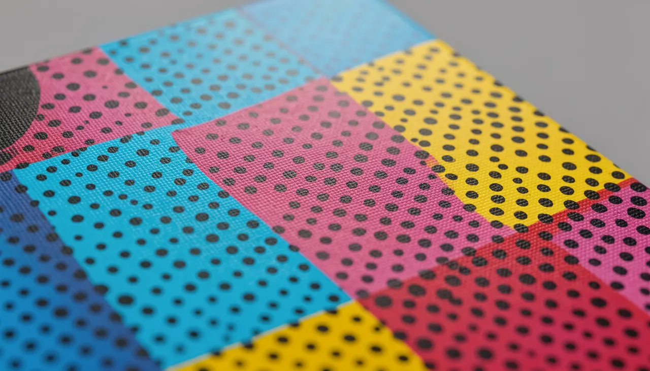 Détaille technique points Ben-Day et aplats Pop Art Gros plan sur une toile Pop Art montrant des points Ben-Day rouges et jaunes et des aplats de couleur bleue