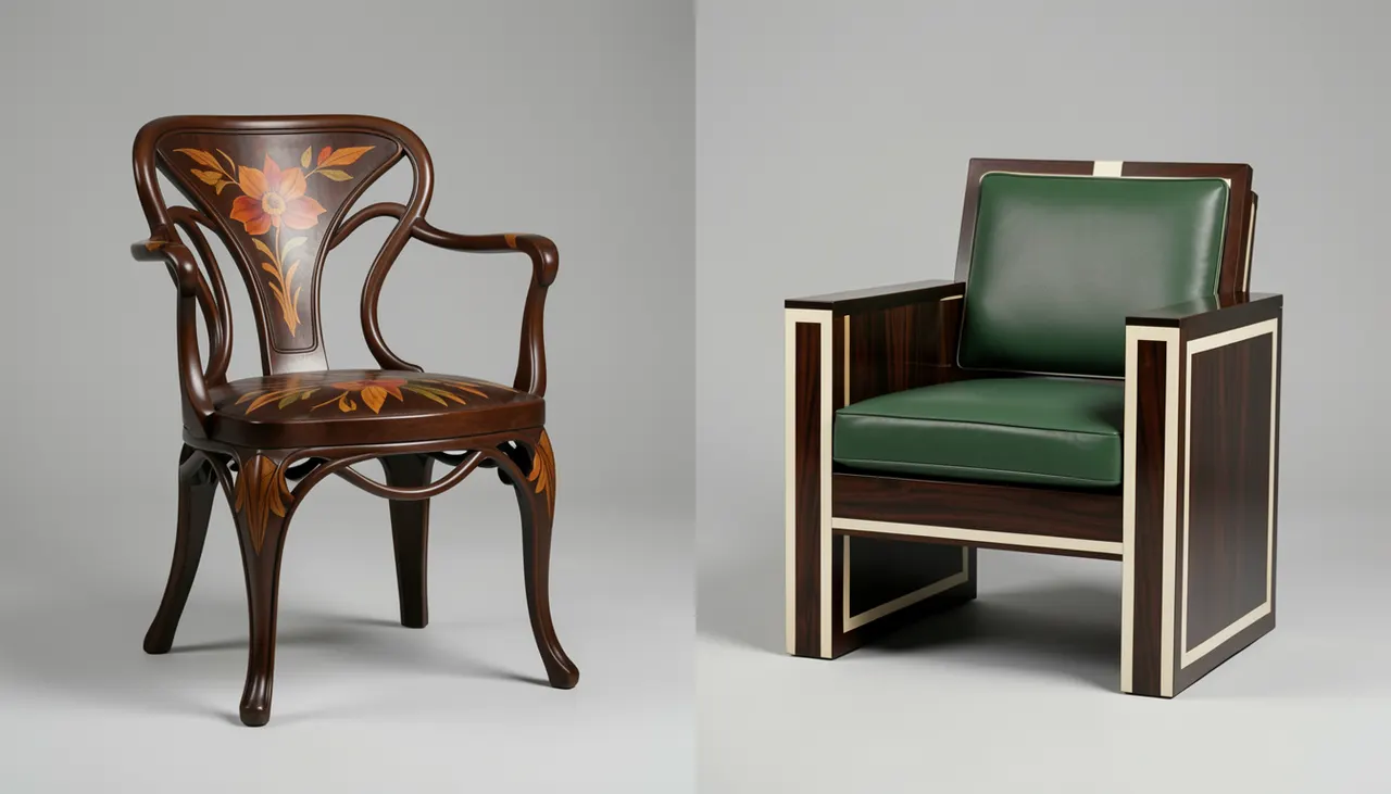 Différence styles Comparatif chaise Art Nouveau courbes vs fauteuil Art Déco géométrique