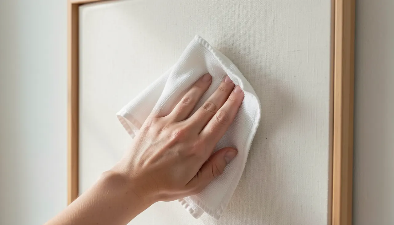 Main dépoussiérant un cadre avec un chiffon en microfibre