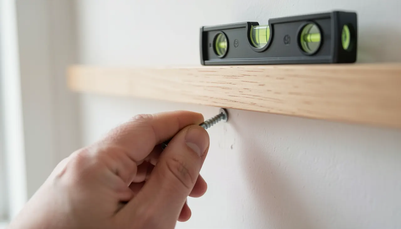 Main vissant une cheville dans un mur en béton avec un niveau à bulle sur le cadre