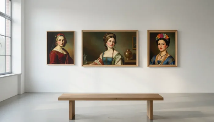 Mur de galerie éclairé naturellement exposant des tableaux de femmes peintres célèbres