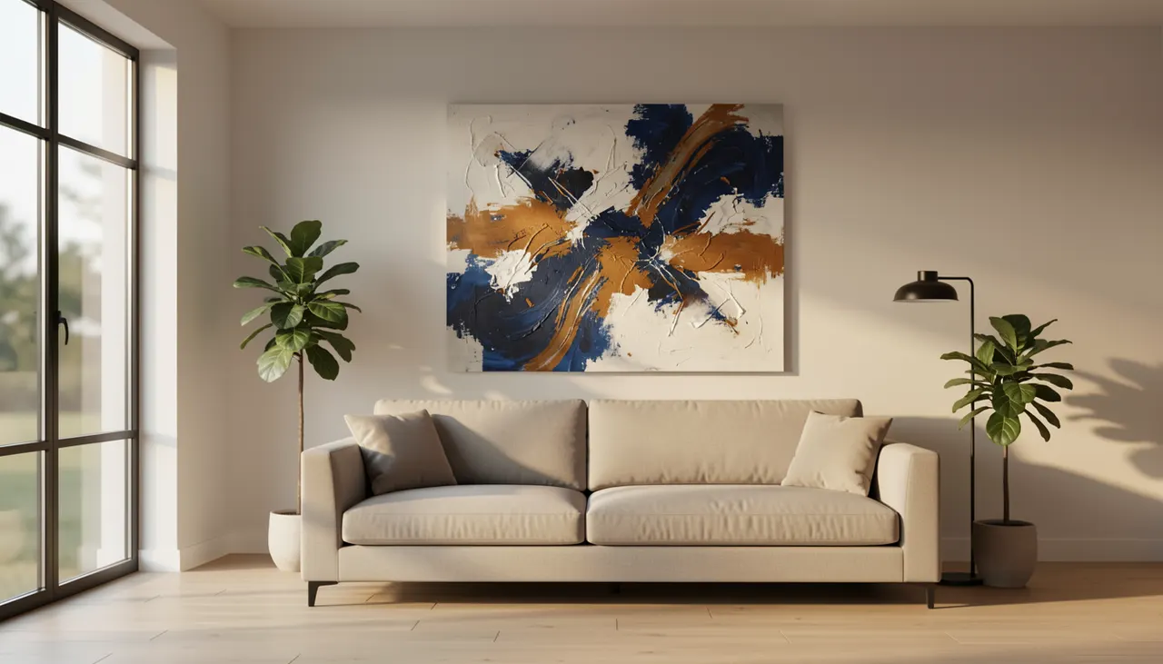 Intégration déco grand format Salon contemporain avec grand tableau abstrait coloré au-dessus du canapé