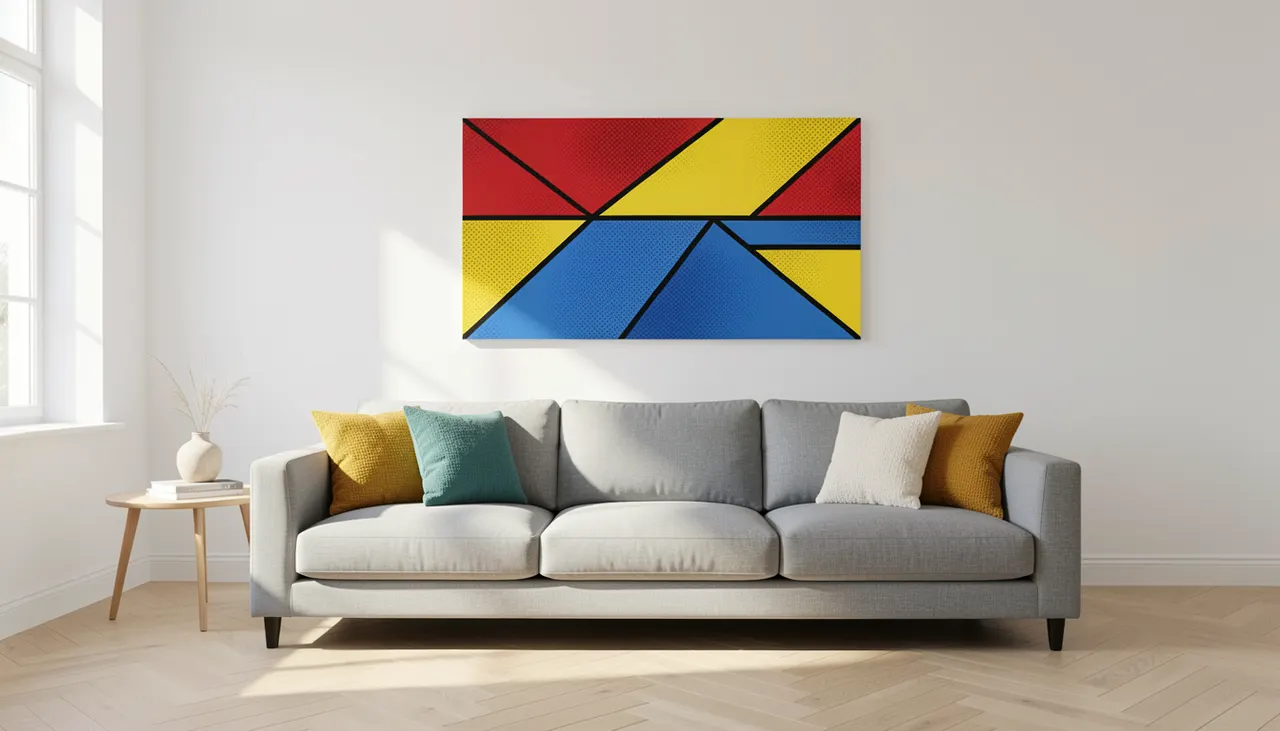 Intégration tableau Pop Art dans déco scandinave Salon scandinave clair avec grand tableau Pop Art jaune et rouge au-dessus d'un canapé gris