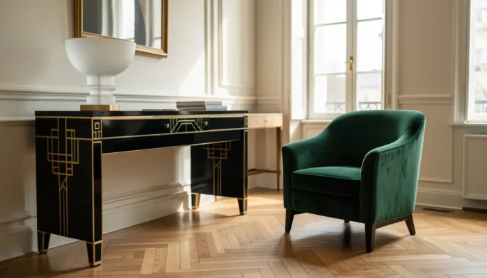 Salon Art Déco avec fauteuil club cuir, tablette laquée noire et lampe en verre pressé