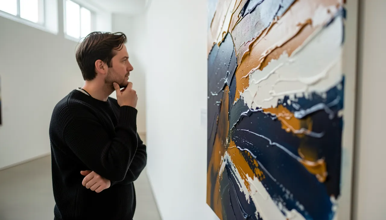Lecture rapprochée Visiteur observant de près la texture d'un tableau abstrait dans une galerie