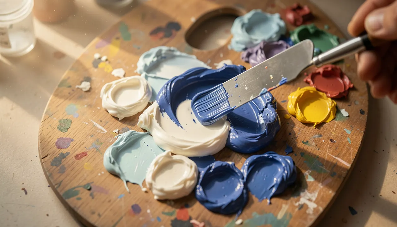 Mélange huile sur palette Palette de peintre en bois avec tas de peinture à l'huile brillante mélangée au couteau, lumière latérale douce