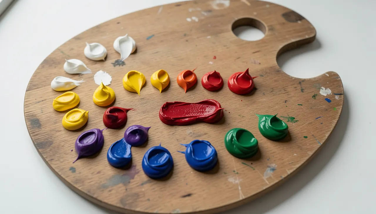 Palette de peintre organisée avec pigments purs pour pointillisme