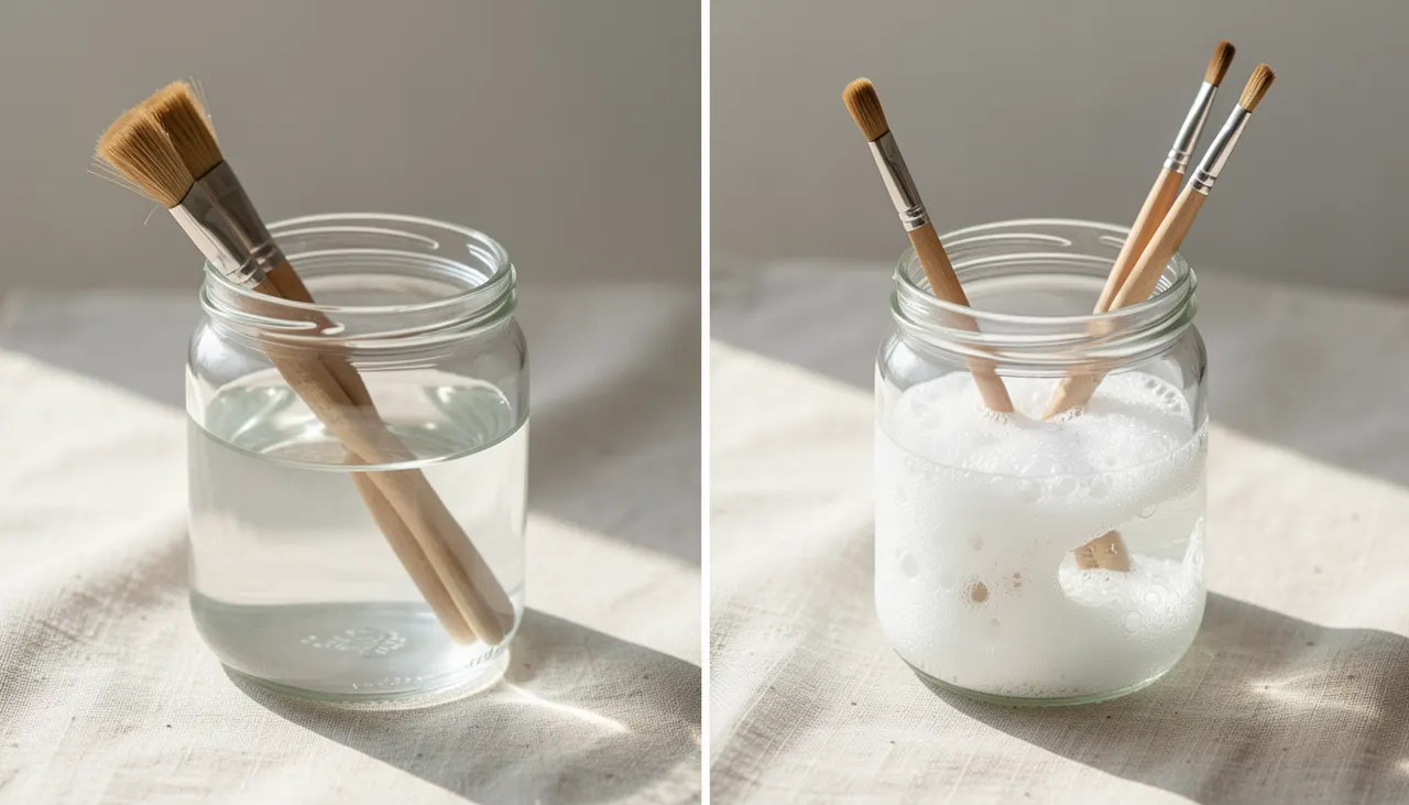 Produits nettoyage pinceaux huile acrylique Deux verrins en verre : l'un avec essence de térébenthine claire, l'autre avec eau savonneuse, pinceaux posés à côté sur chiffon lin