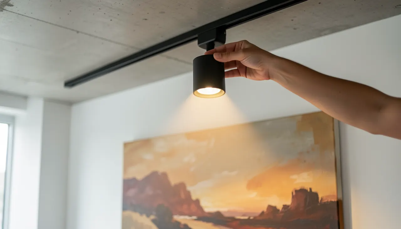 Réglage précis d'un spot sur rail pour grand format Main ajustant orientation spot rail plafond éclairage grand tableau salon