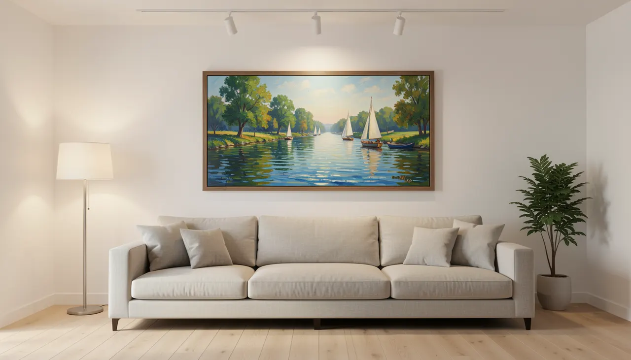 Reproduction impressionniste en décoration Intérieur contemporain avec reproduction impressionniste grand format au-dessus d'un canapé